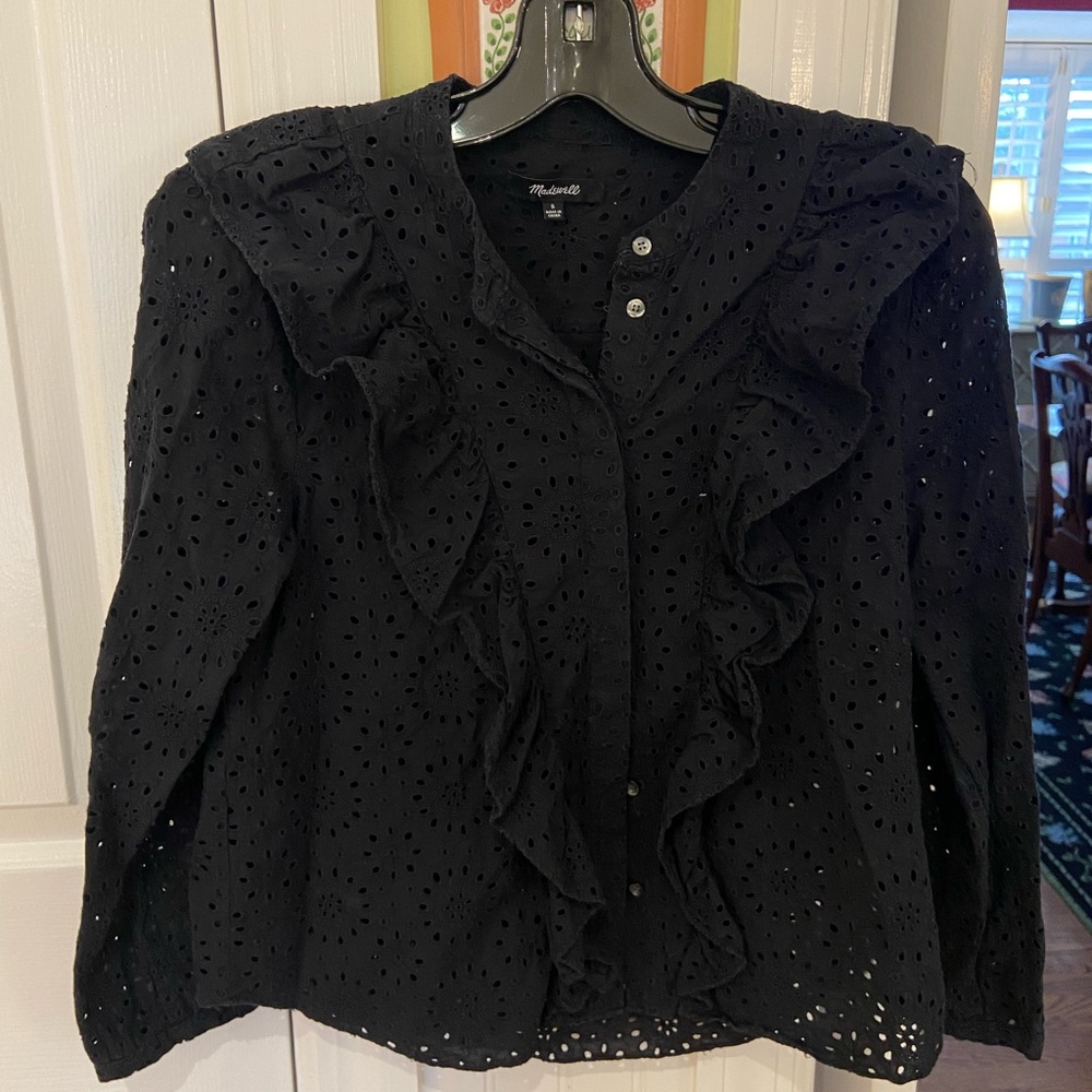 Madewell Eyelet Black Ruffle Top Small